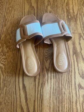 Franco Sarto Tan and Light Blue Slide Mules